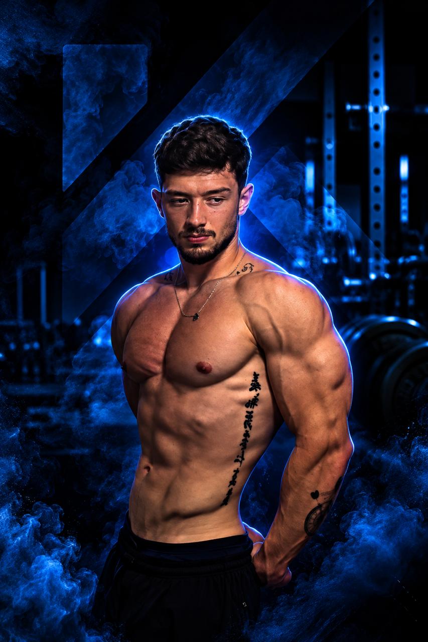 Atleta em uma academia, em pose de força